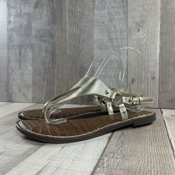 Sam Edelman Greta Women's 7.5 Leather Flat Sandals T Strap Thong Metallic Gold - Picture 1 of 12
